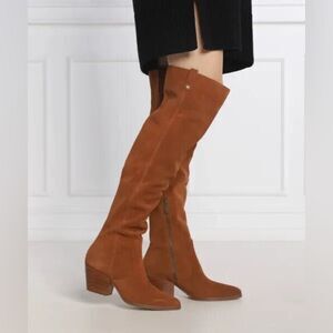 NWOB Michael Kors Harlow Brown Suede Cuban Heel Over The Knee Boots size 5.5